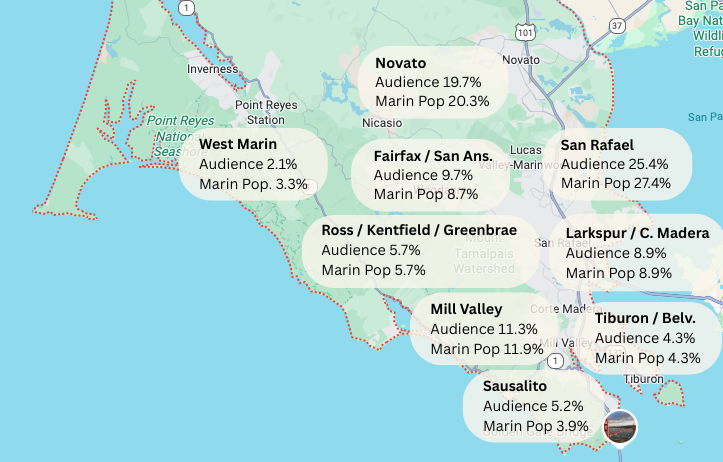 Map of Marin Buzz audience by town, audience share vs. Marin population share